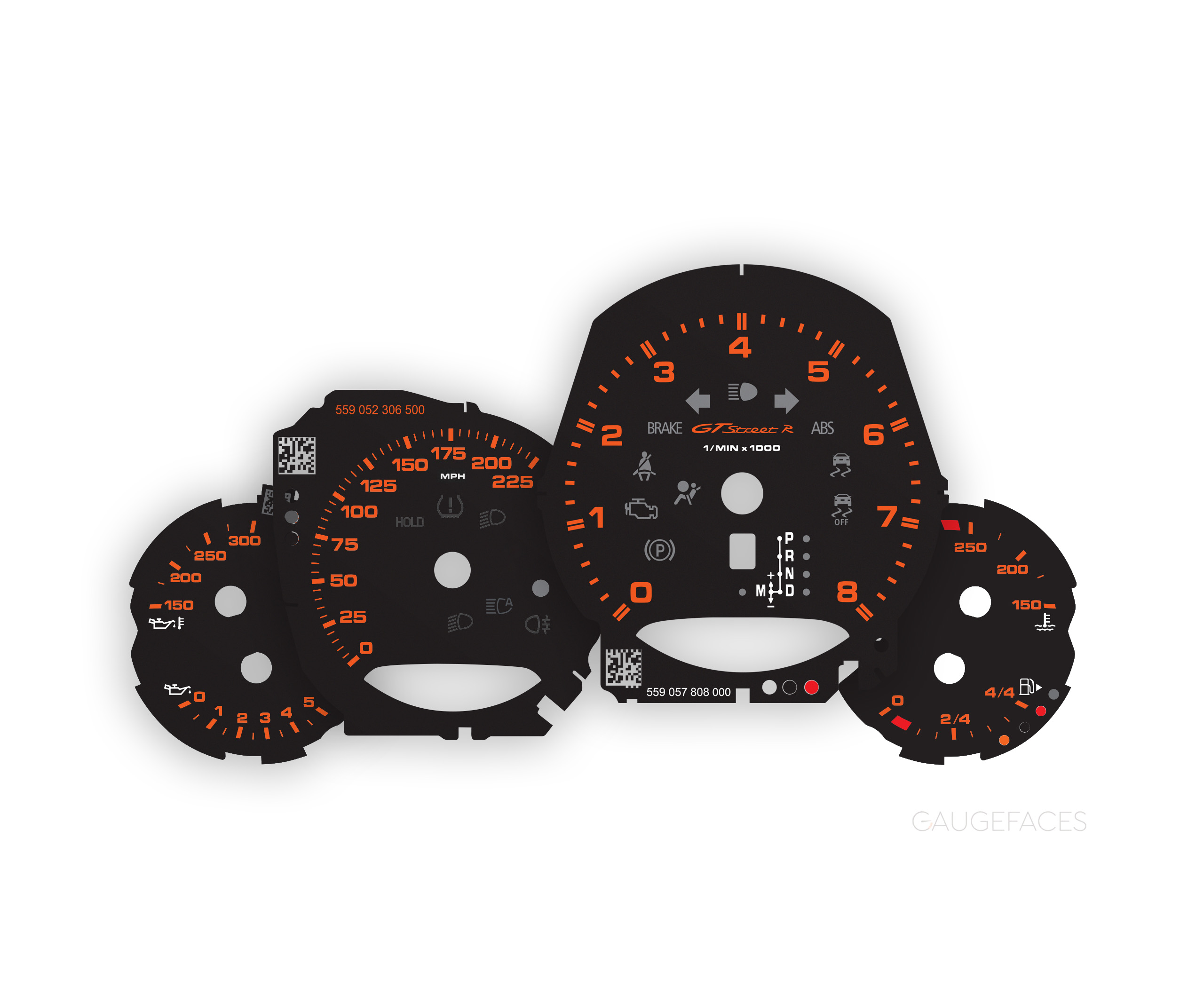 Porsche 911.1 Turbo GTstreet R Gauge Faces set 8000 RPM PDK - Black w Orange Numbers - US
