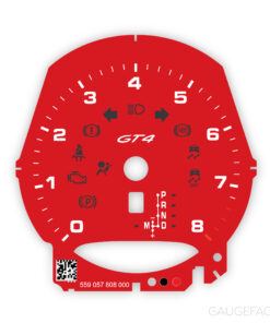 Custom Order: Porsche 718 Gauge Face Tachometer - GT4 Logo - Guards Red