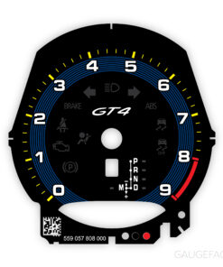 Custom Order: Porsche 718 GT4 Gauge Face Tachometer - PDK - Black with Gentian Blue Accent Rings
