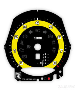Custom Order: Porsche 911 991.2 Gauge Face Tachometer - PDK - Black with Yellow Solid Accent Ring
