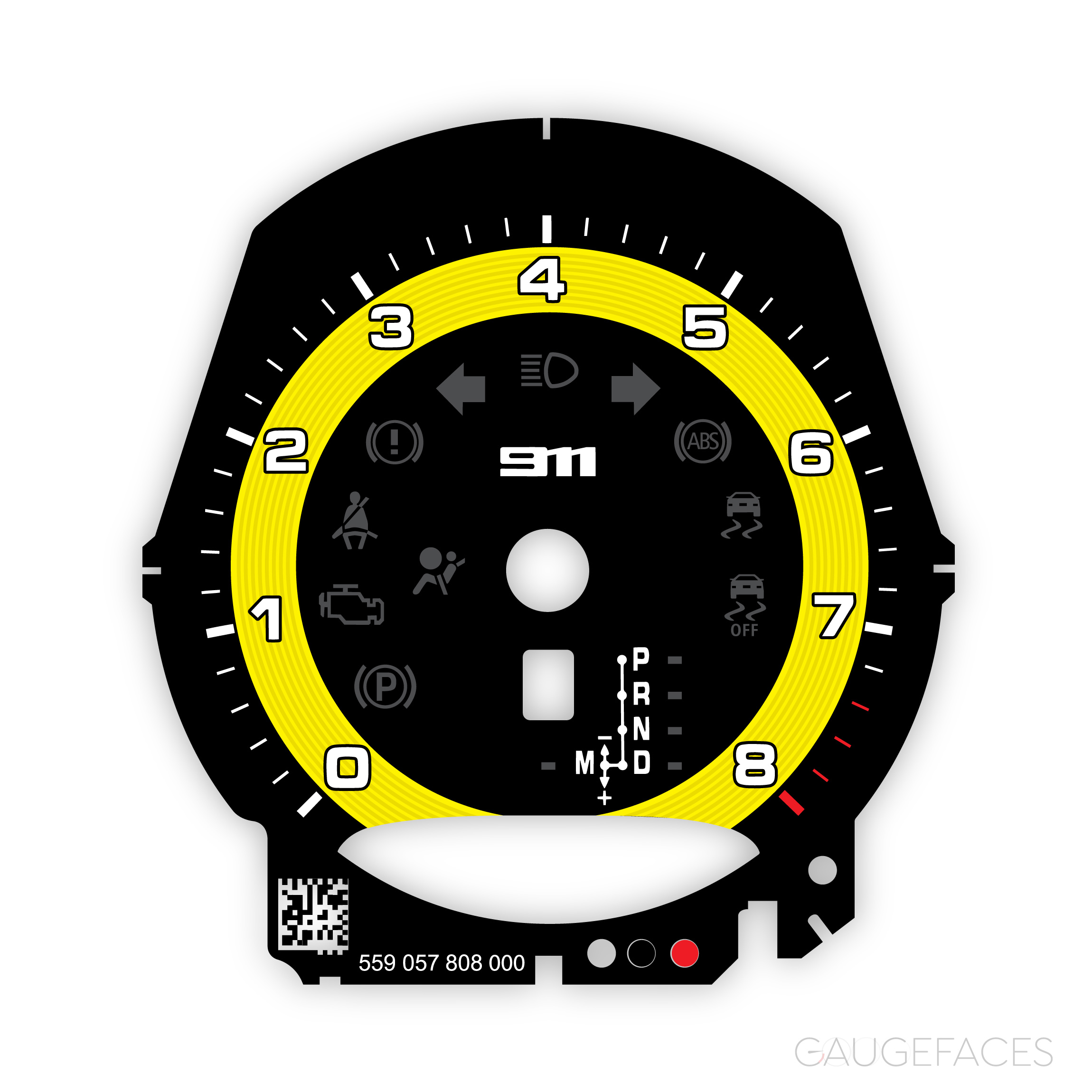 Porsche-991.2-gauge-face-tachometer---EU---PDK---Black-with-yellow-solid-accent-ring